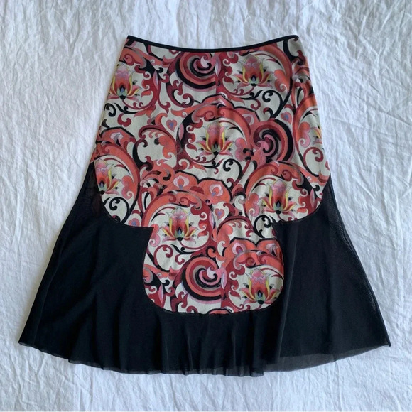 Vintage Vivienne Tam Mesh Black Print Knee Mid Length Skirt 90s Y2K - Picture 1 of 6